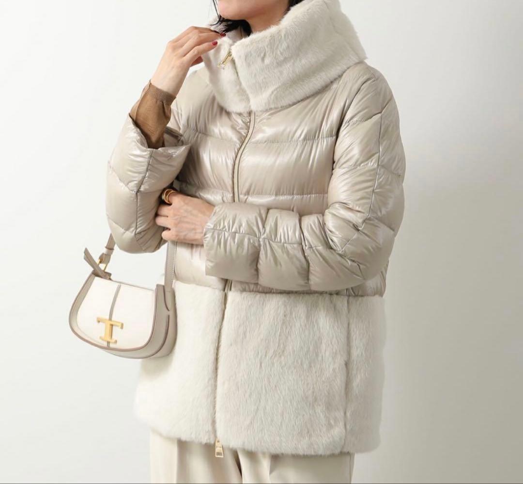 【八菜】HERNO ベージュ ダウンコート エコファー 素材切替ダウン