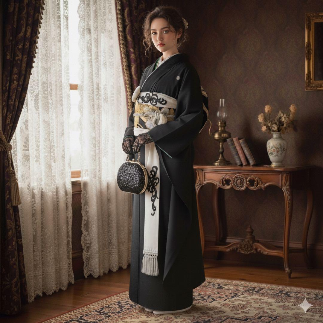 美品　黒地　無地　三つ紋　流行　逸品　振袖　フルセット 振り袖