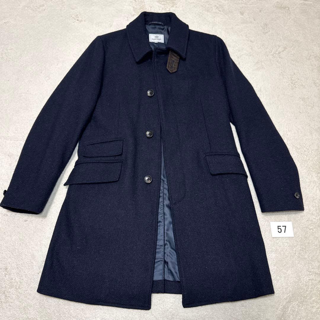 57 極美品　ビームスハート　ハリスツイード　ステンカラーコート　ネイビー　46