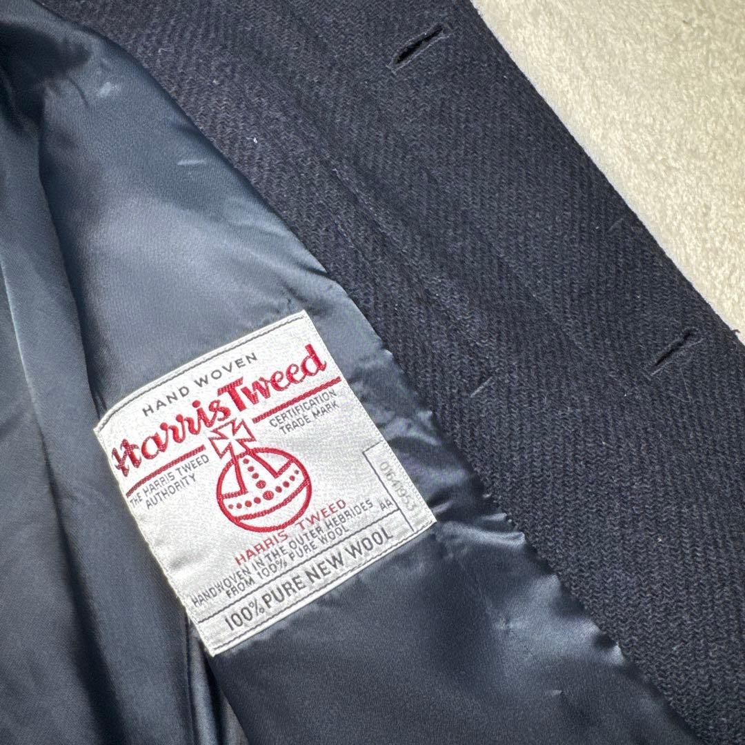 57 極美品　ビームスハート　ハリスツイード　ステンカラーコート　ネイビー　46