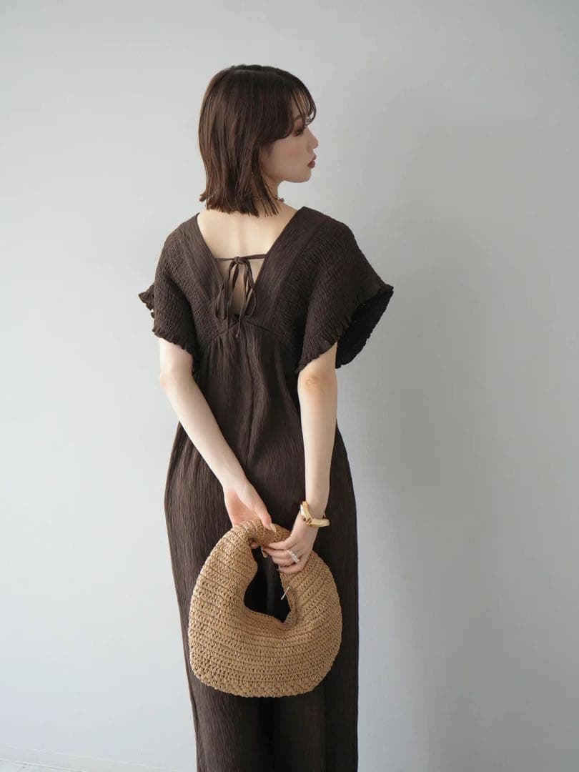 楊柳シャーリングサロペット オールインワン パンツ ブラウン Lumier