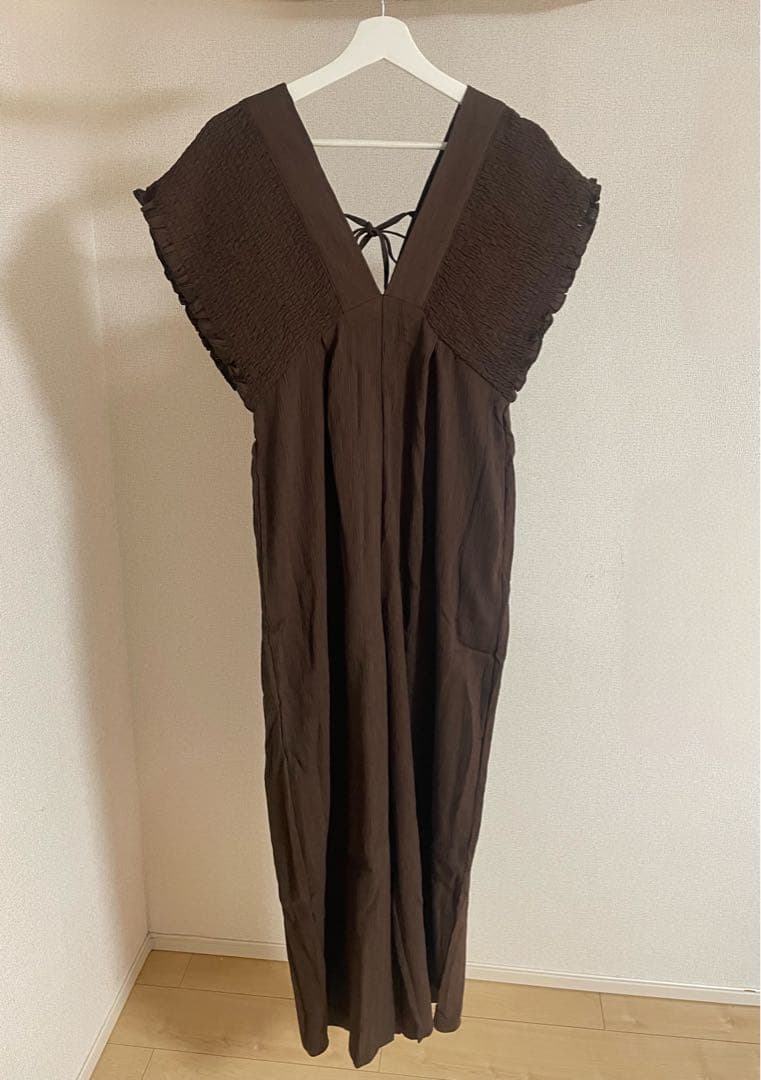 楊柳シャーリングサロペット オールインワン パンツ ブラウン Lumier