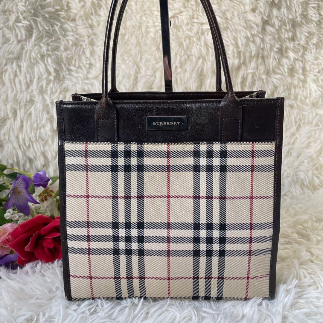 BURBERRYバーバリーノバチェック×ブラウンナイロ×ンレザーミニトートバッグ