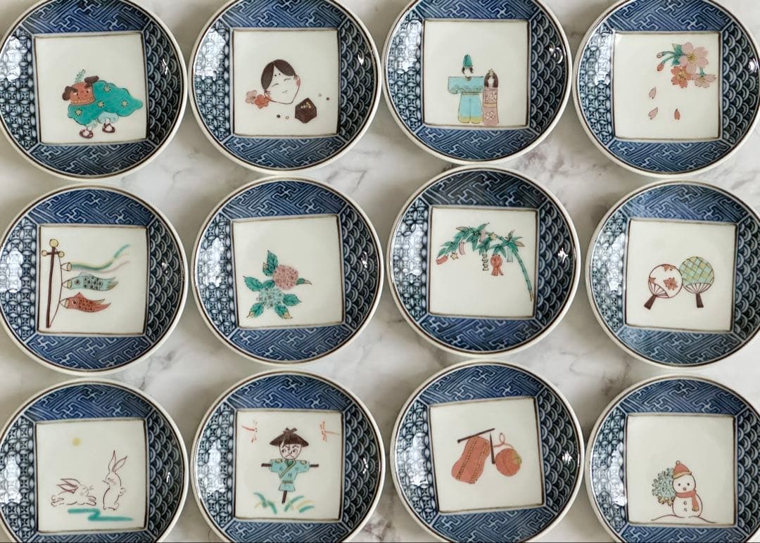 九谷焼 陶賀 謹製 絵ごよみ 小皿 12枚セット 木箱入り