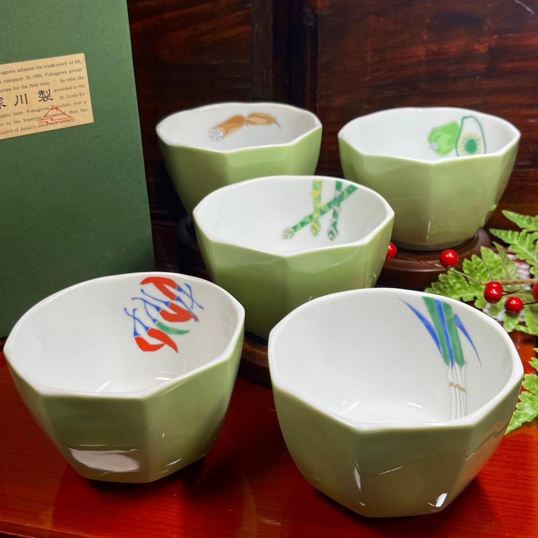 【廃番希少】 深川製磁 青磁 野菜 絵変わり 八角小鉢 セット 銘々鉢 小付