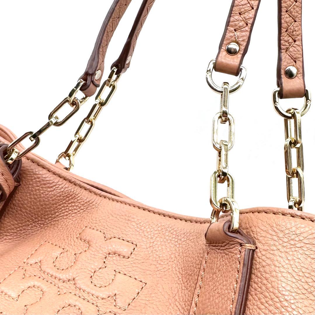 極美品✨トリーバーチ トートバッグ しぼ革 ボンボンチャーム ブラウン系 A4◎