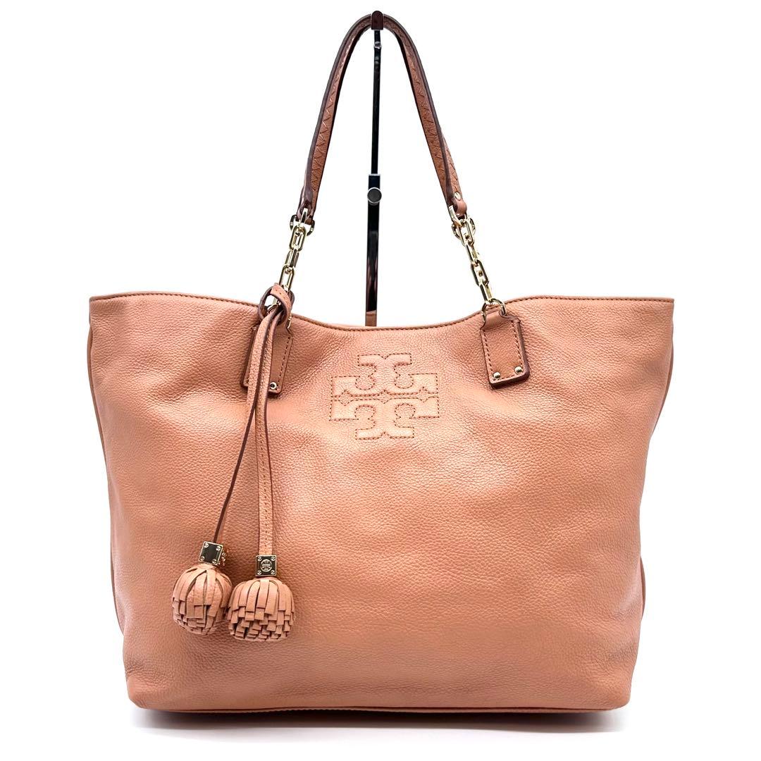 極美品✨トリーバーチ トートバッグ しぼ革 ボンボンチャーム ブラウン系 A4◎