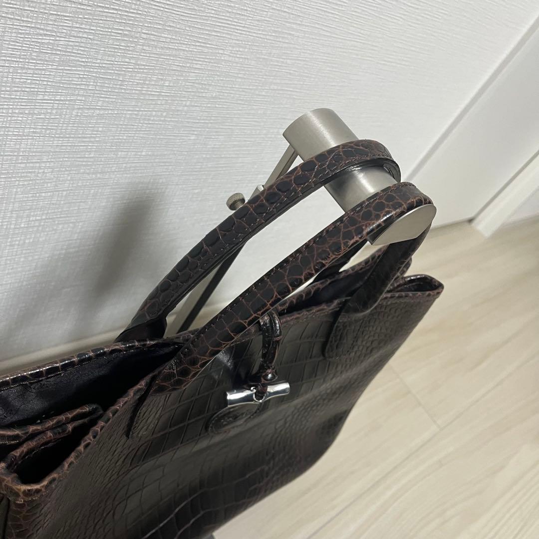 美品　Longchamp　レザートートバッグ　ロゾ　クロコ型押し　ブラウン