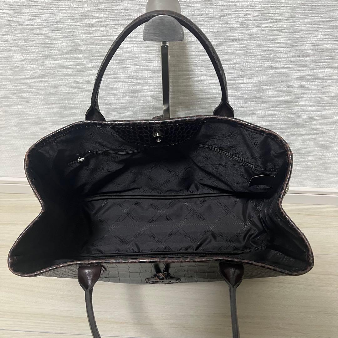 美品　Longchamp　レザートートバッグ　ロゾ　クロコ型押し　ブラウン