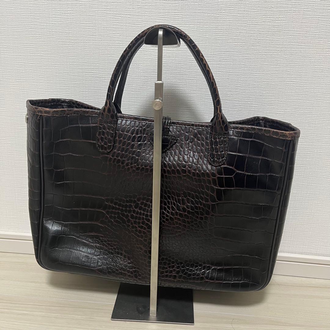 美品　Longchamp　レザートートバッグ　ロゾ　クロコ型押し　ブラウン
