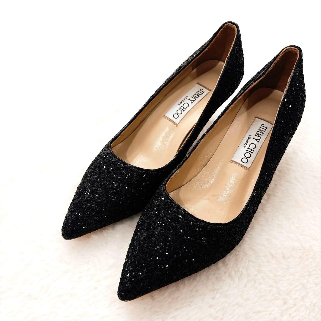 美品　ジミーチュウ　グリッター　パンプス　ラメ　ブラック　ポインテッドトゥ　37