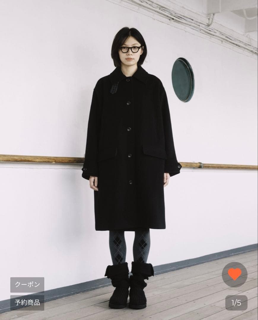 ジャケット・アウター oheshio CHECK WOOL LONG COAT, BLACK