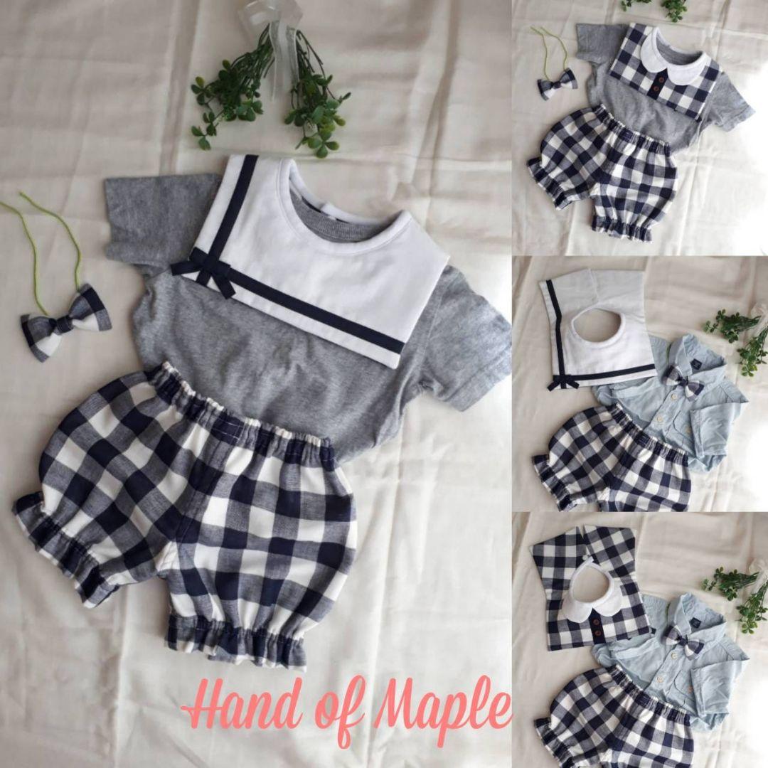 プレゼントみたいなスタイ(ネイビーチェック、ネイビーリボン)