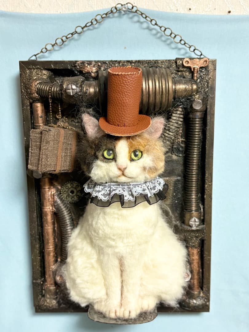 羊毛フェルト　スチームパンク三毛猫の壁掛けオブジェ【ハンドメイド
