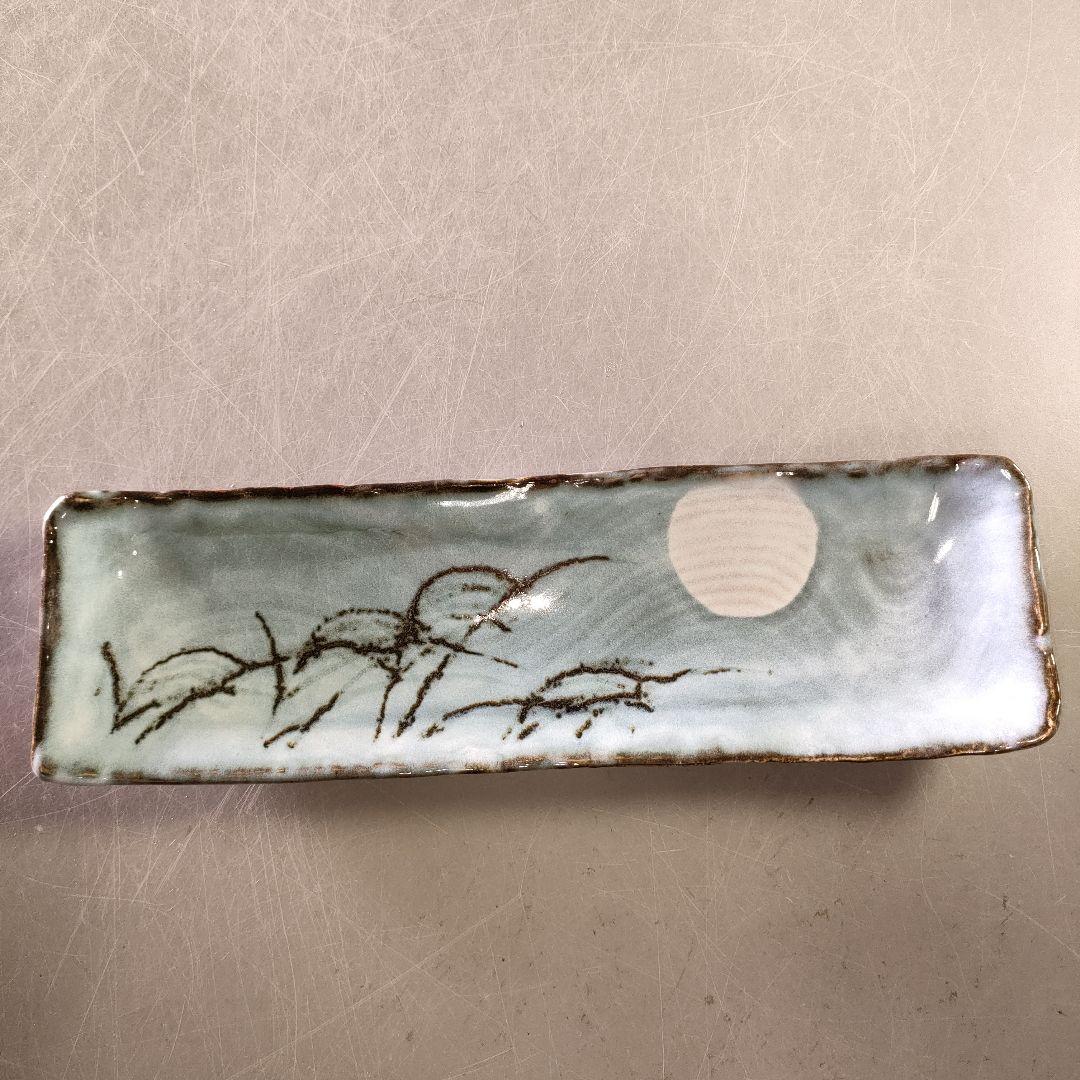 A1209-1/在銘/月唐草文長角皿5客/飾皿/盛皿/絵皿/菓子皿/懐石道具/