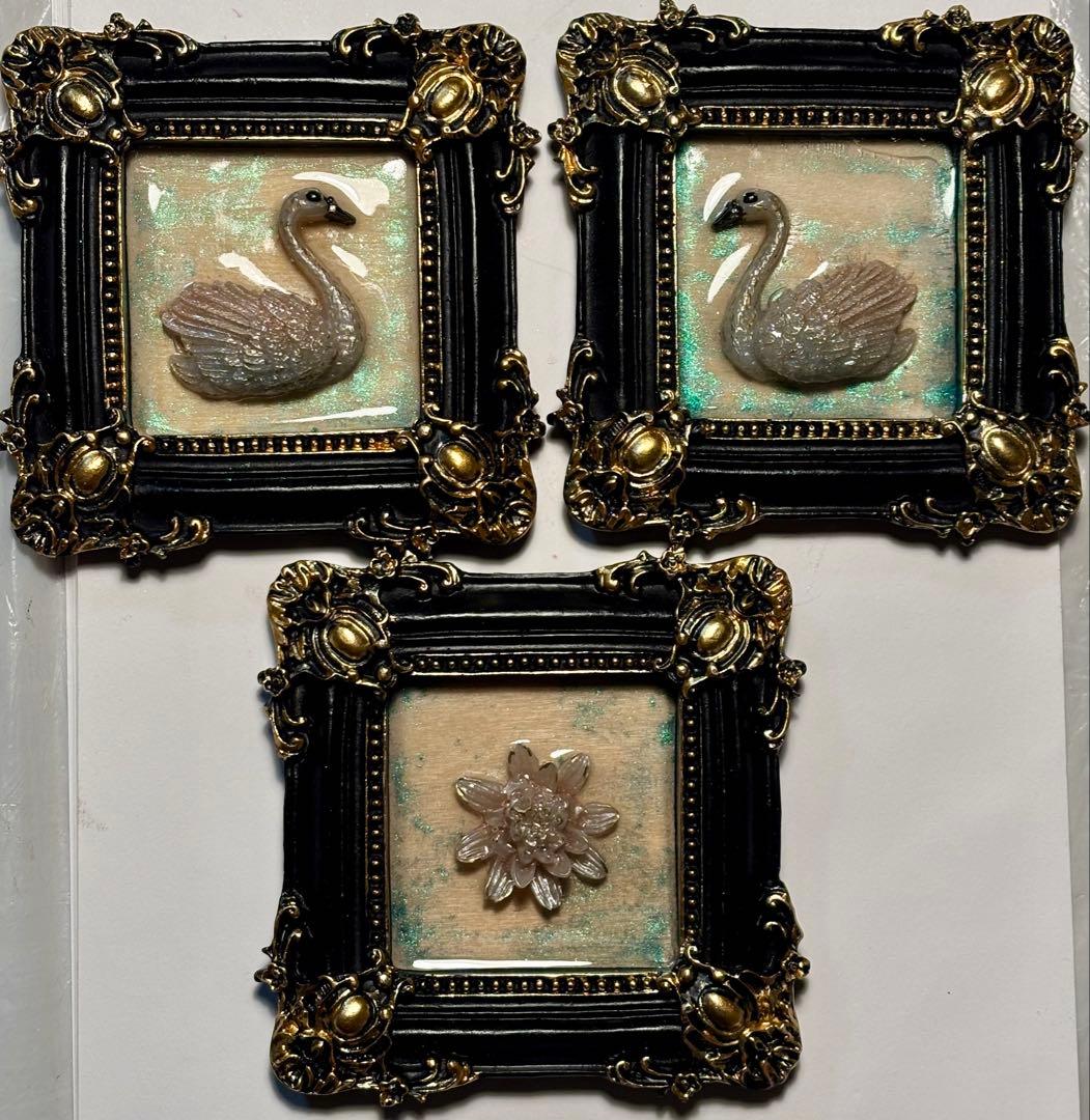 【3点セット】3Dフレームアート 白鳥と花｜立体オブジェ・ハンドメイド・一点物