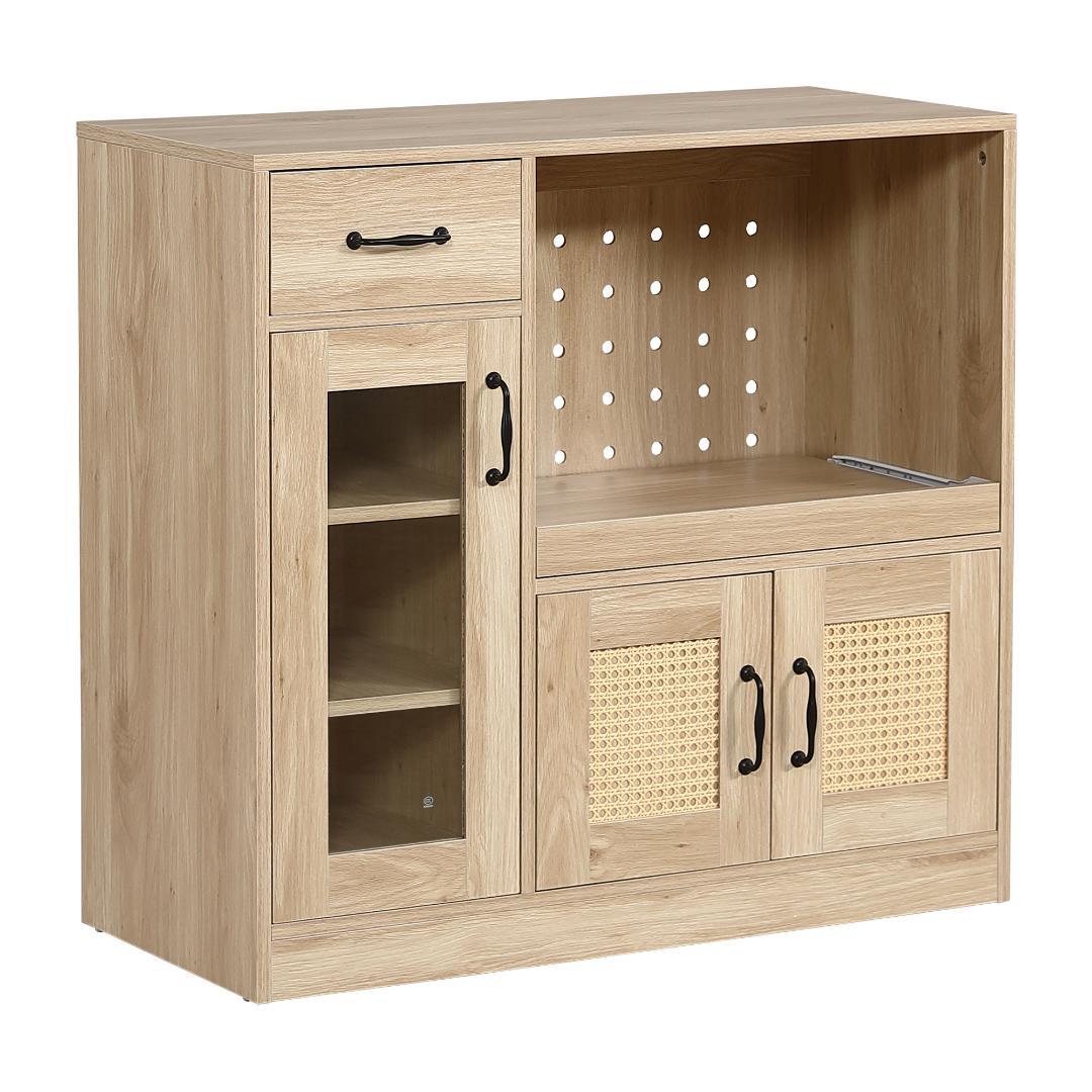 ラタン調キッチンカウンター　幅88cm　引き出し付き・扉付き　NATURAL