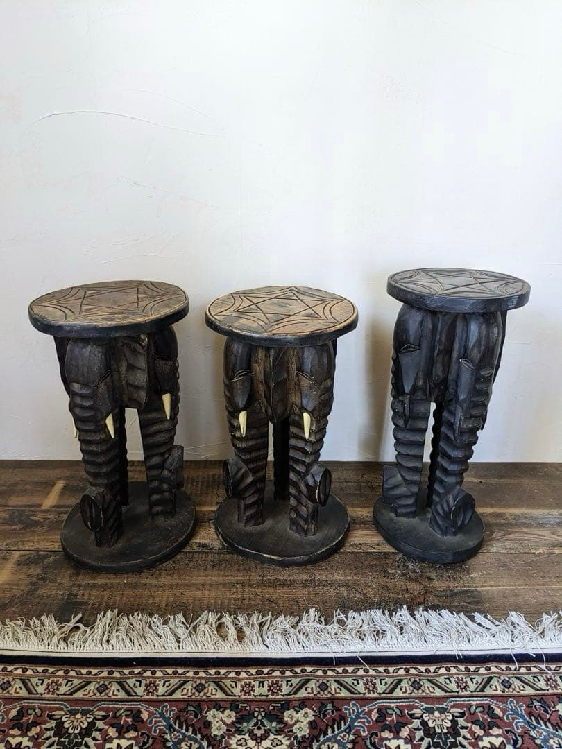 アルベシア材のゾウのスツール 2脚セット 木製