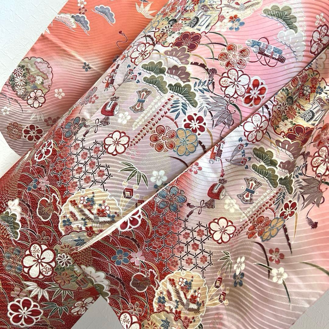 480 振袖フルセット 正絹 コーラルピンク オレンジ 橙 桃 金銀彩 暈し染め