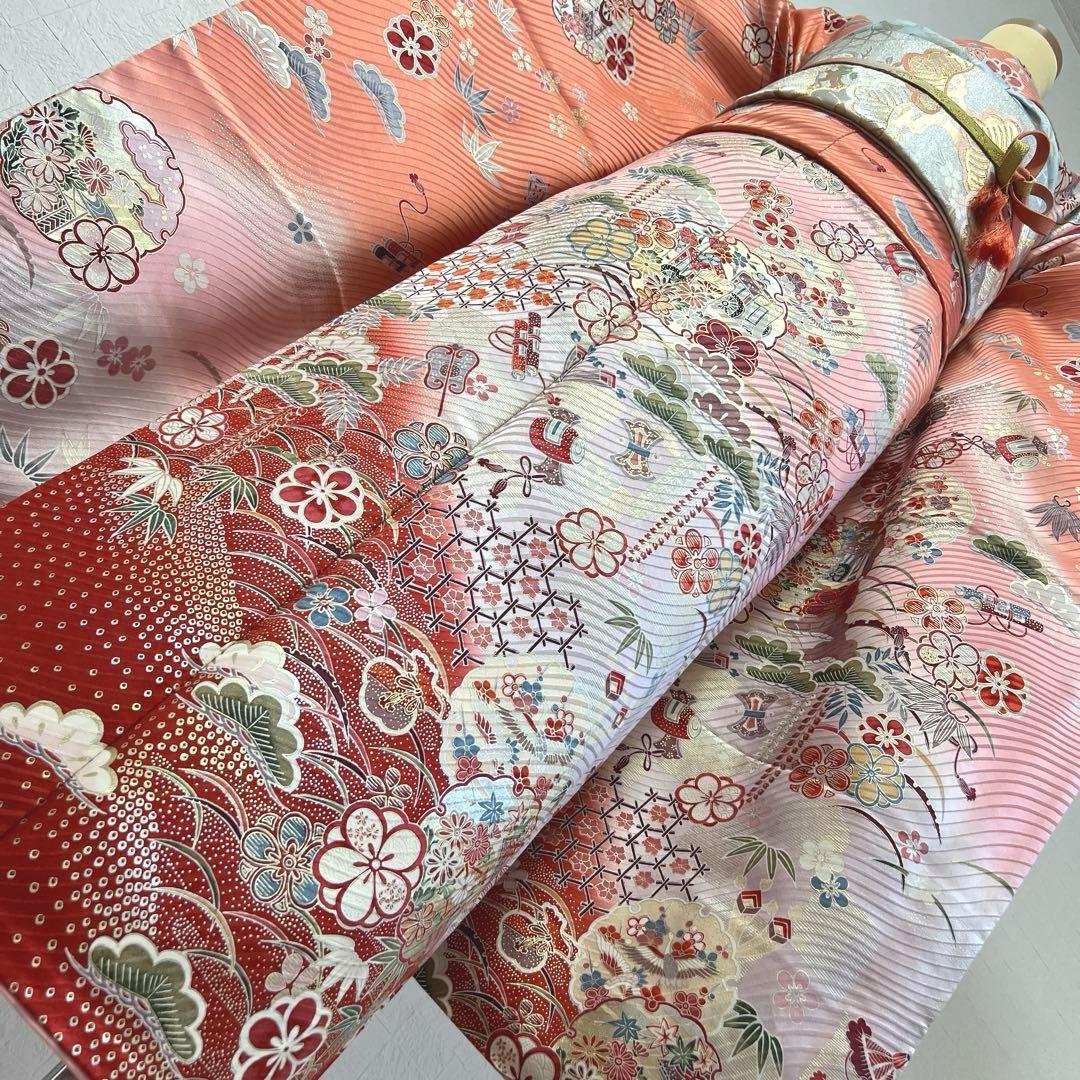 480 振袖フルセット 正絹 コーラルピンク オレンジ 橙 桃 金銀彩 暈し染め
