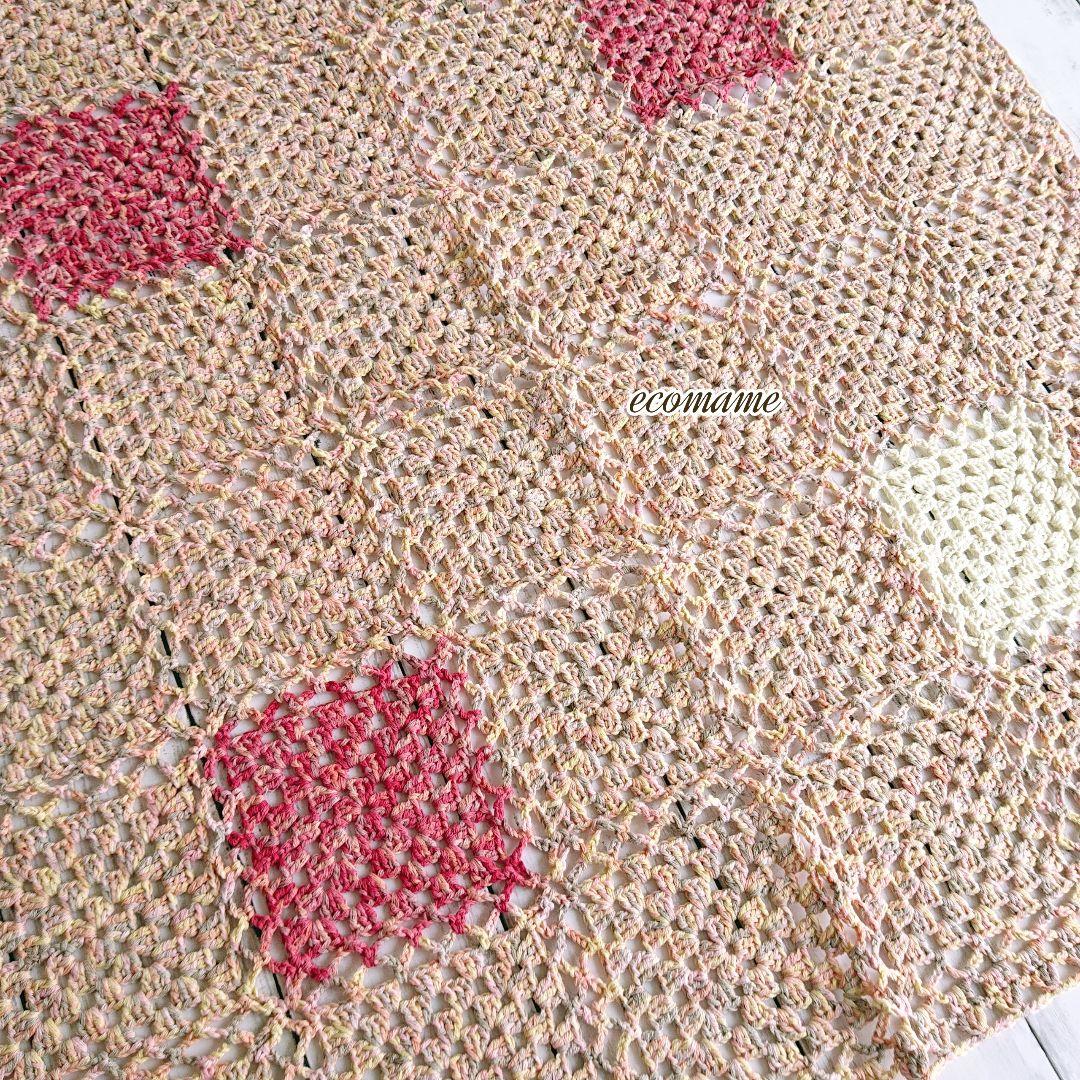 グラニースクエア モチーフ ブランケット おくるみ 手編み 綿100％ 暖色系