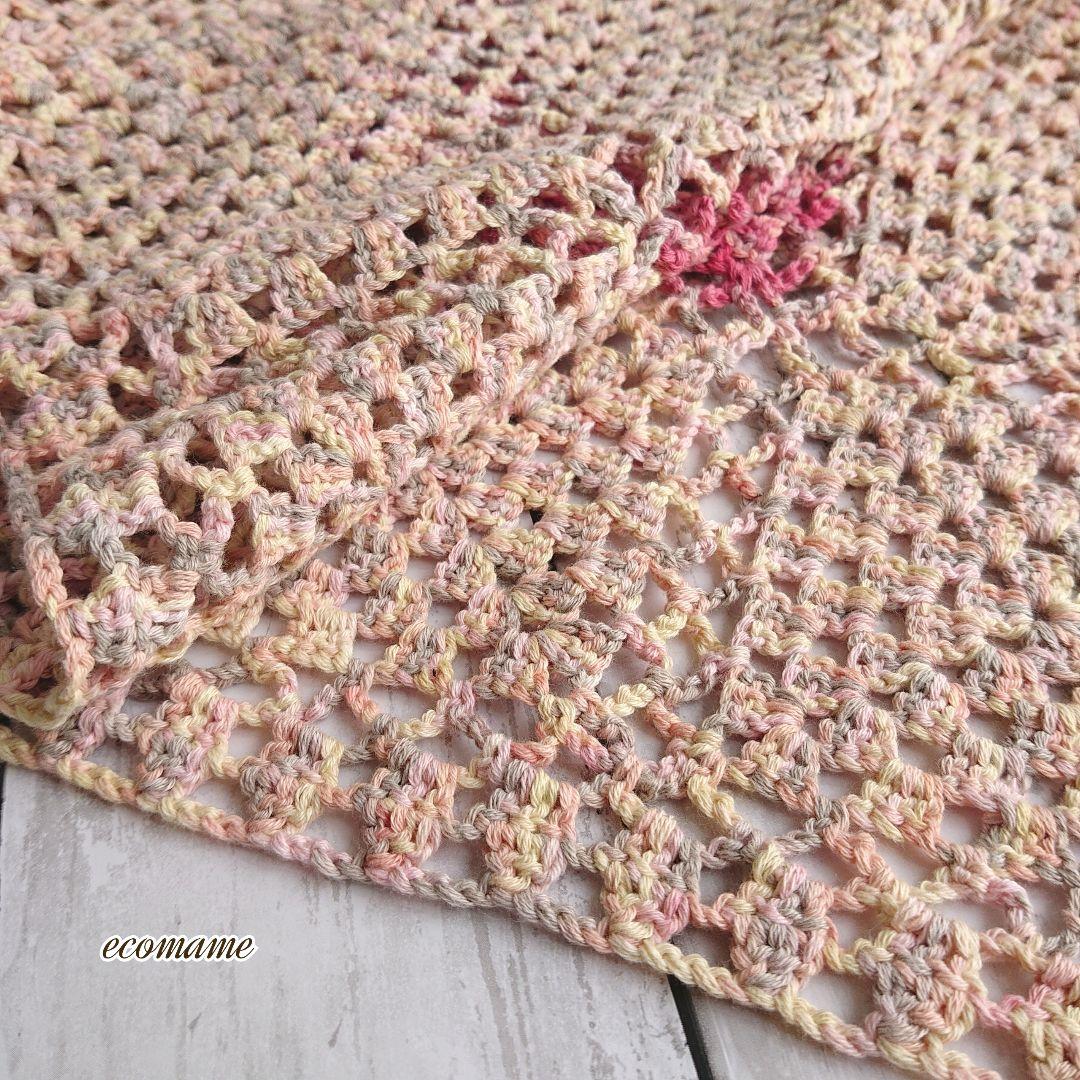 グラニースクエア モチーフ ブランケット おくるみ 手編み 綿100％ 暖色系