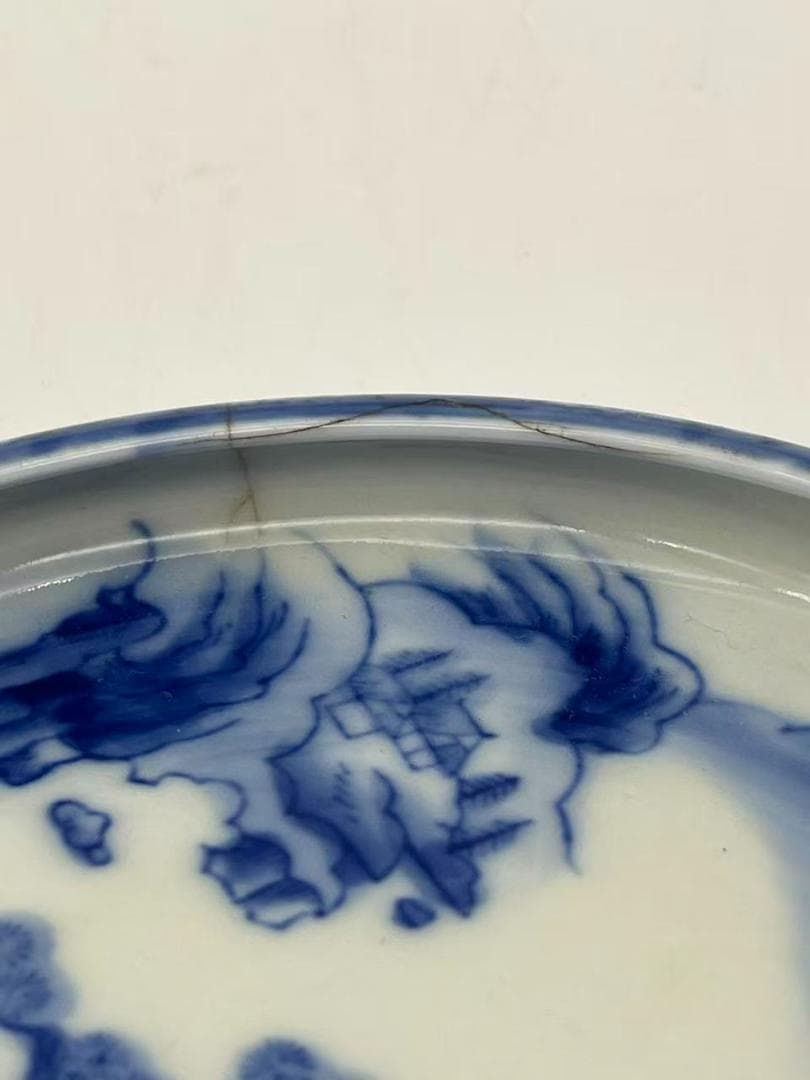 秋田焼　手描き染付山水画盛り鉢(B-47)