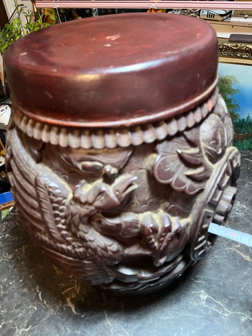 中国木彫椅子 龍 、鳳凰 、彫刻 、縁起物 、スツール マホガニー中国樽