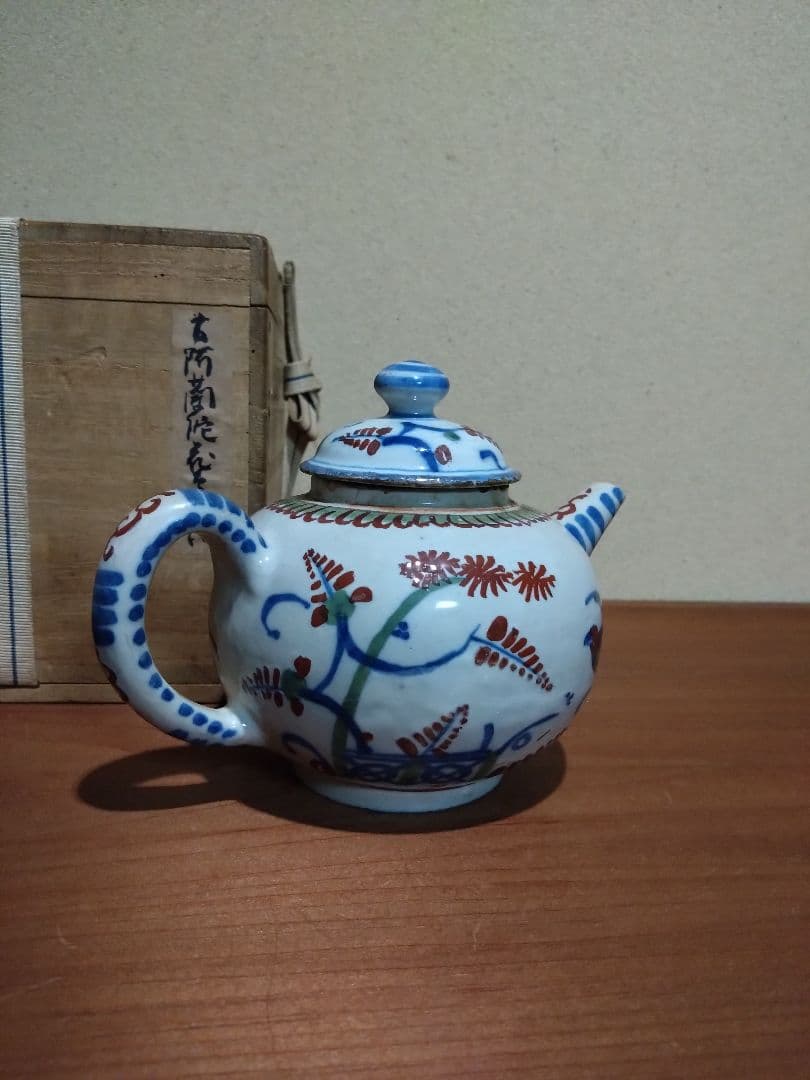 阿蘭陀    藍紅毛色絵 花鳥紋水注  急須