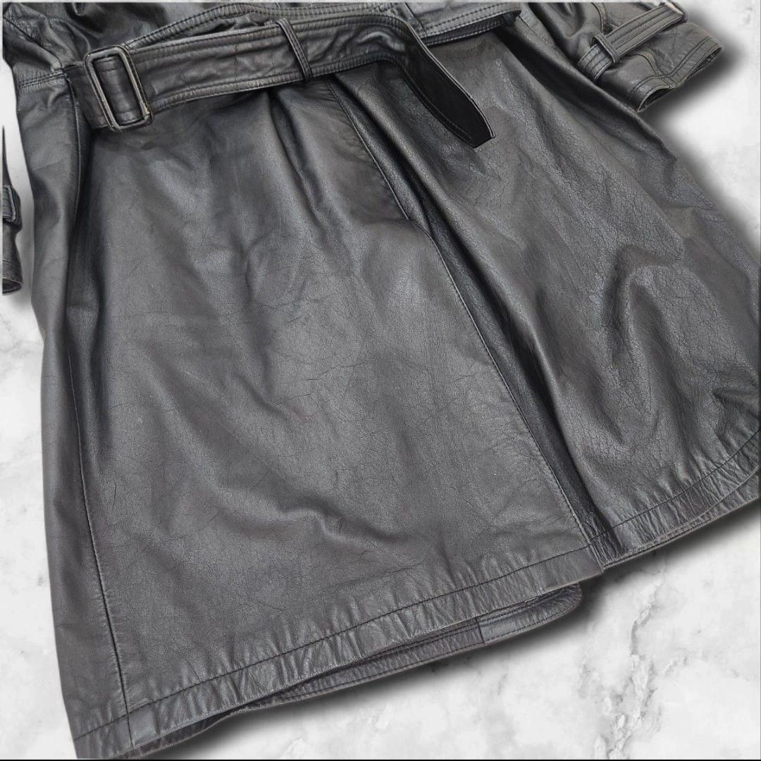 希少 90s 牛革レザートレンチコート カウスキン ブラック 黒 XL相当