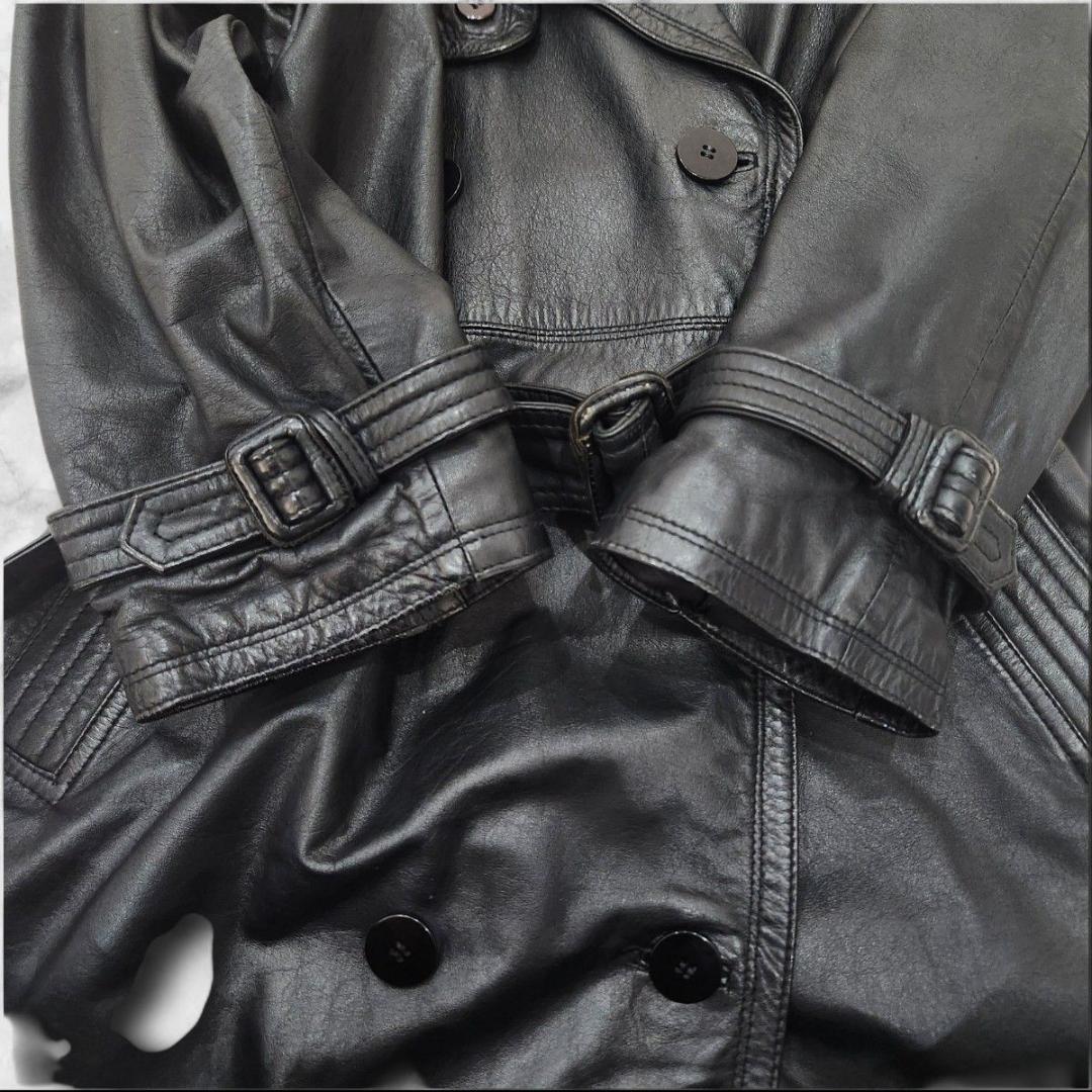 希少 90s 牛革レザートレンチコート カウスキン ブラック 黒 XL相当