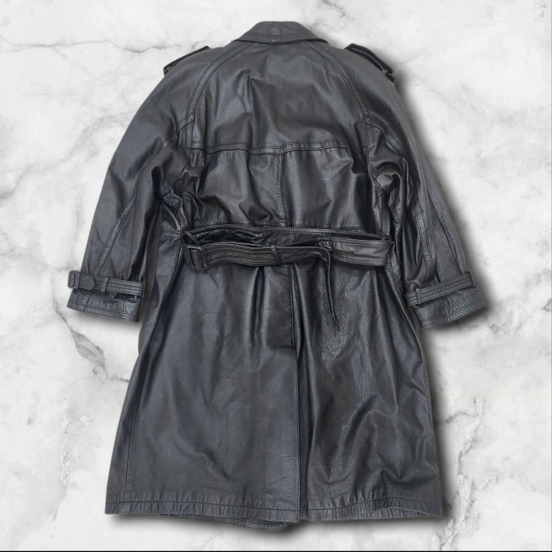希少 90s 牛革レザートレンチコート カウスキン ブラック 黒 XL相当