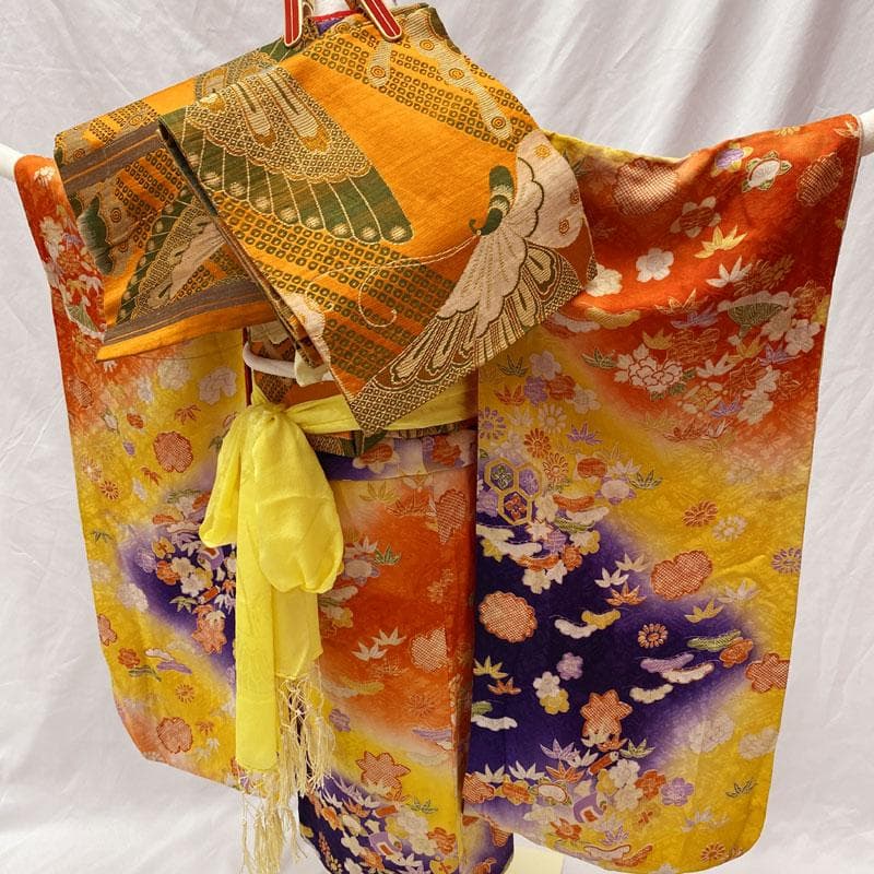 508ag88◎七五三 七歳 女児 アンティーク着物&丸帯 総柄 濃い朱色◎