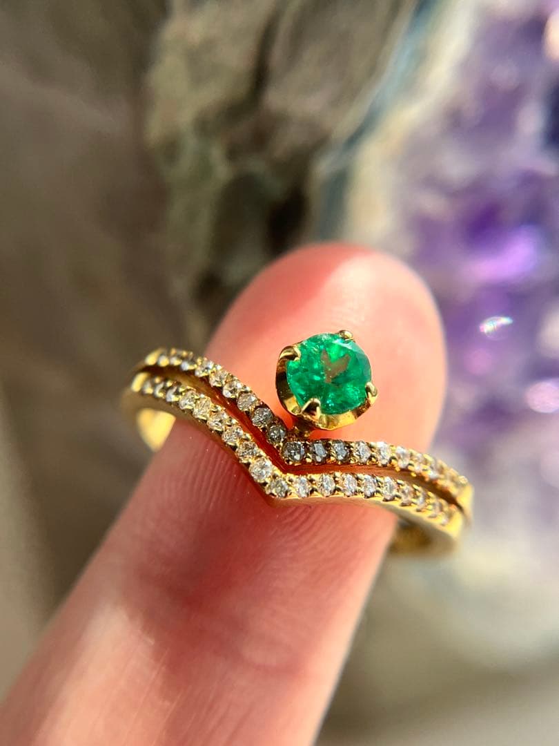 新品K18YGエメラルド0.25ctダイヤモンドリング指輪