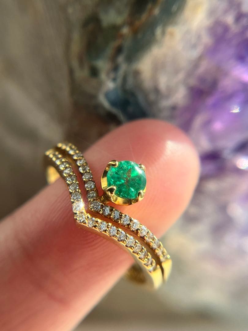 新品K18YGエメラルド0.25ctダイヤモンドリング指輪