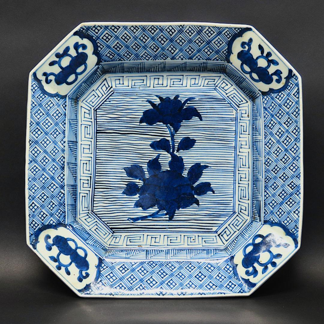 ⭕408 古伊万里 染付 牡丹花文 四方隅切額皿 無傷 30cm 江戸後期
