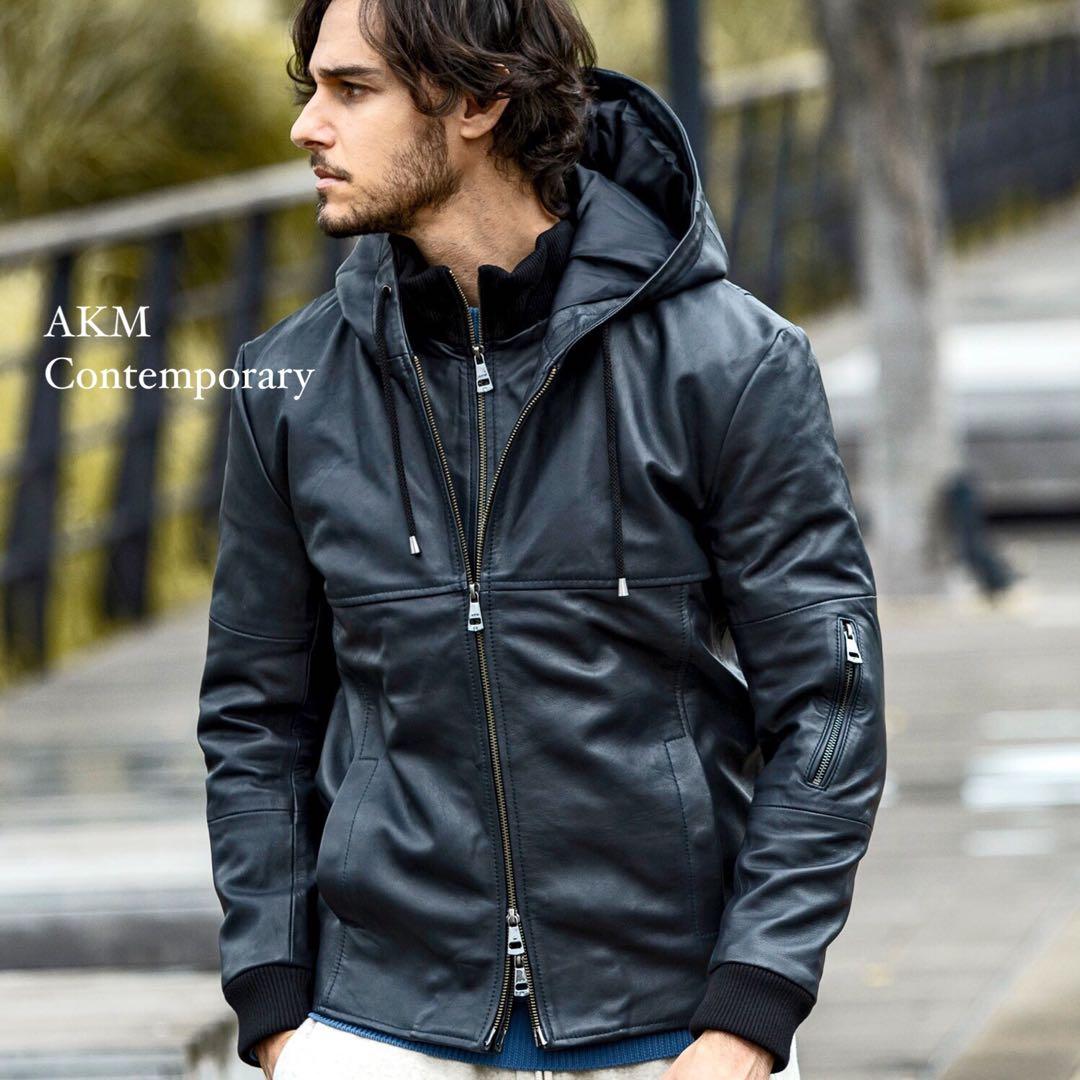 訳あり　AKM Contemporary レザーフード ライダースジャケット