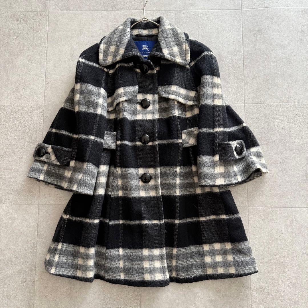 バーバリーブルーレーベル　ロングコート　ノバチェック　36　黒　アルパカ　モヘア
