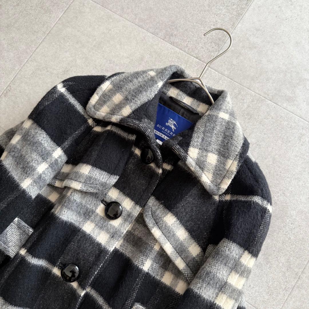 バーバリーブルーレーベル　ロングコート　ノバチェック　36　黒　アルパカ　モヘア
