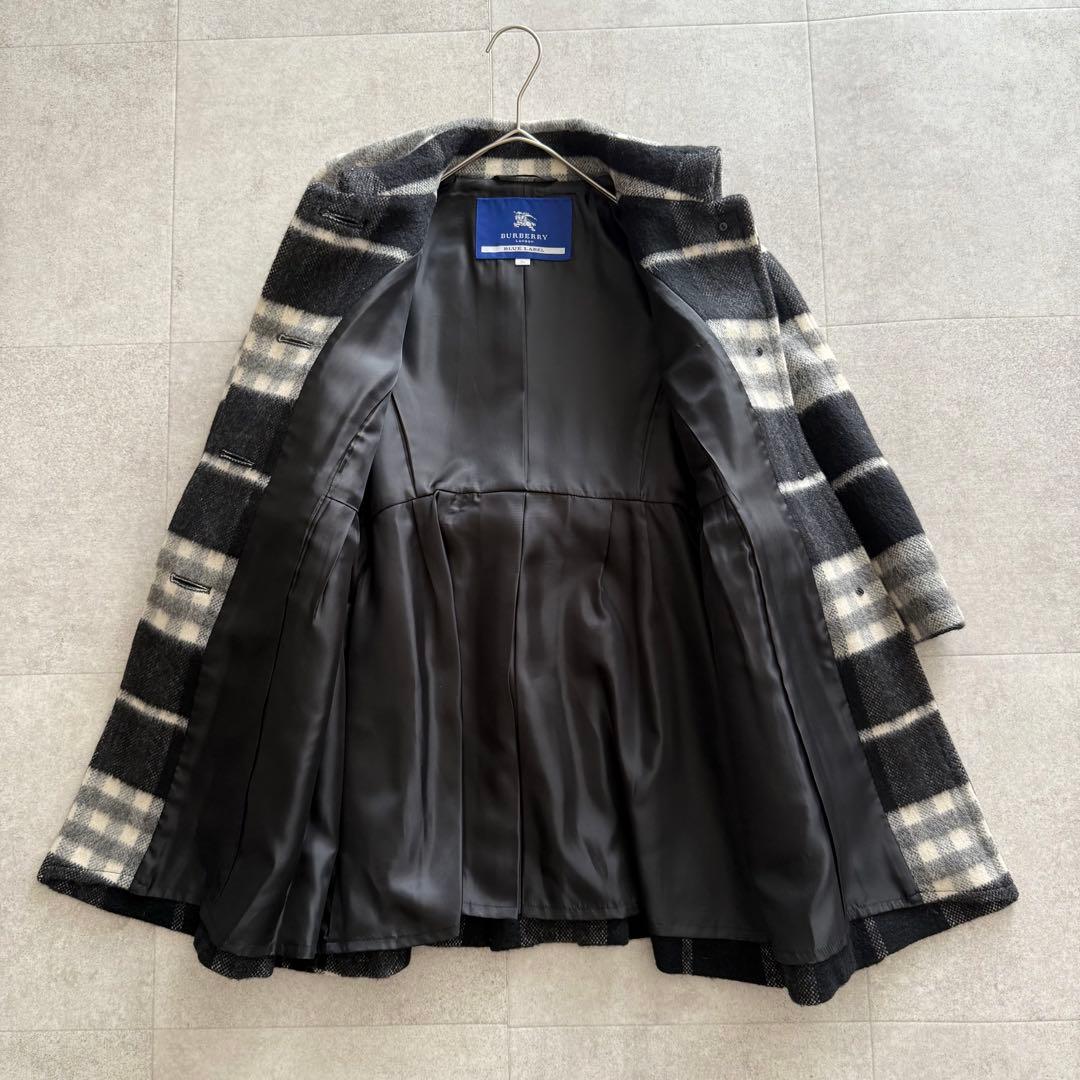 バーバリーブルーレーベル　ロングコート　ノバチェック　36　黒　アルパカ　モヘア