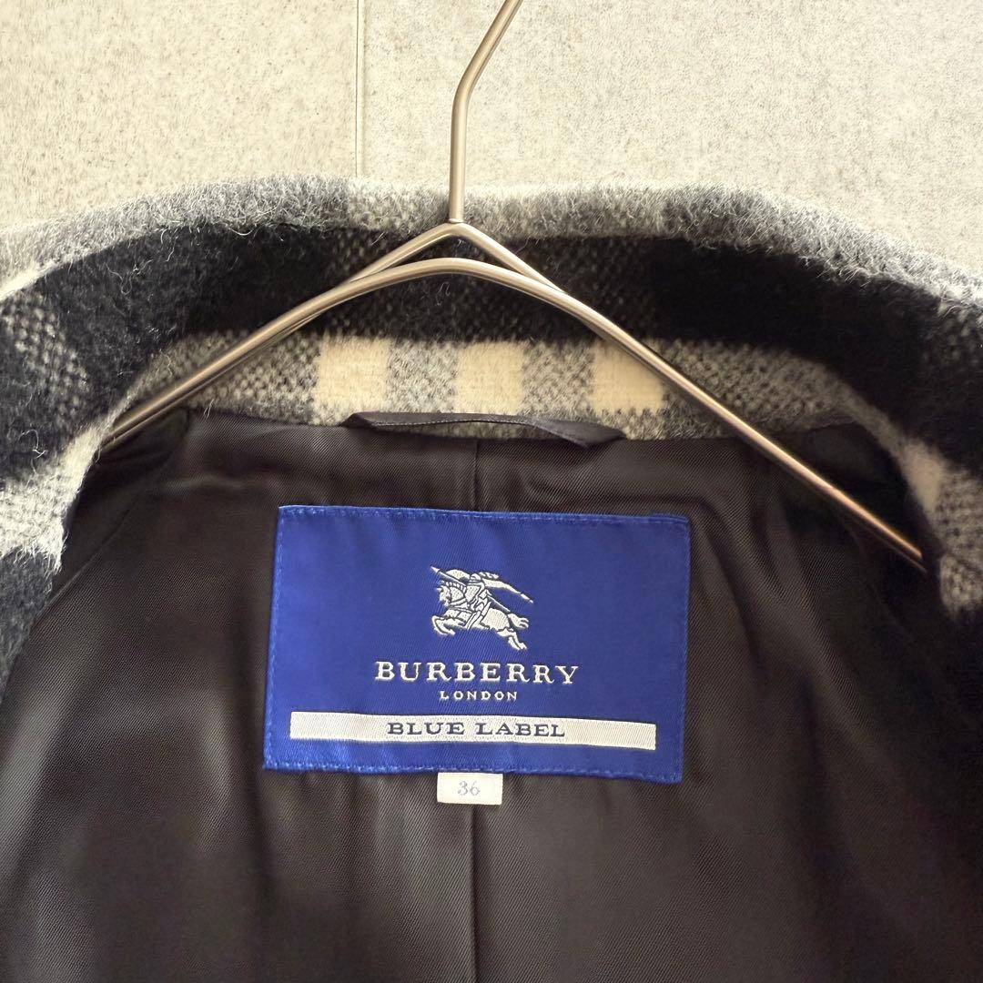 バーバリーブルーレーベル　ロングコート　ノバチェック　36　黒　アルパカ　モヘア