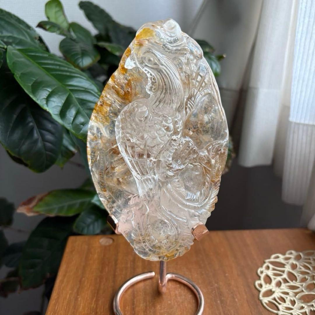 天然石 ゴールデンヒラー共生水晶 鳳凰 置物663g