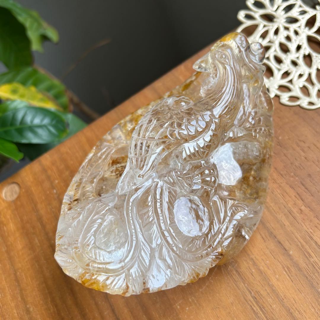 天然石 ゴールデンヒラー共生水晶 鳳凰 置物663g