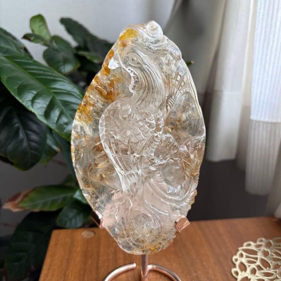 天然石 ゴールデンヒラー共生水晶 鳳凰 置物663g