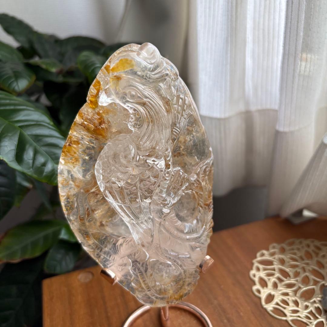 天然石 ゴールデンヒラー共生水晶 鳳凰 置物663g