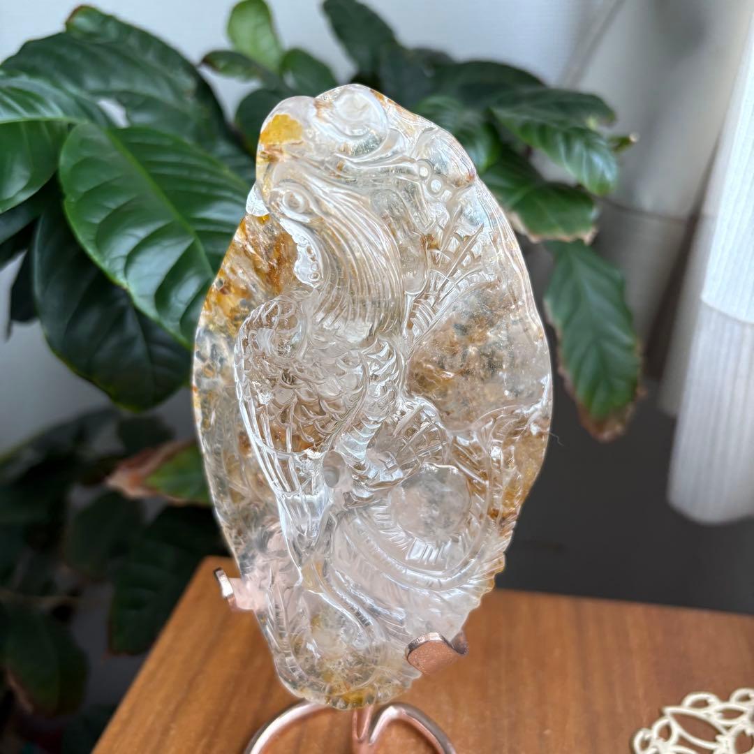天然石 ゴールデンヒラー共生水晶 鳳凰 置物663g