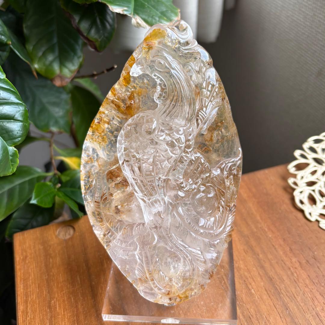 天然石 ゴールデンヒラー共生水晶 鳳凰 置物663g