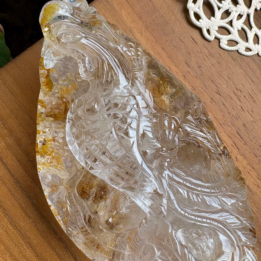 天然石 ゴールデンヒラー共生水晶 鳳凰 置物663g