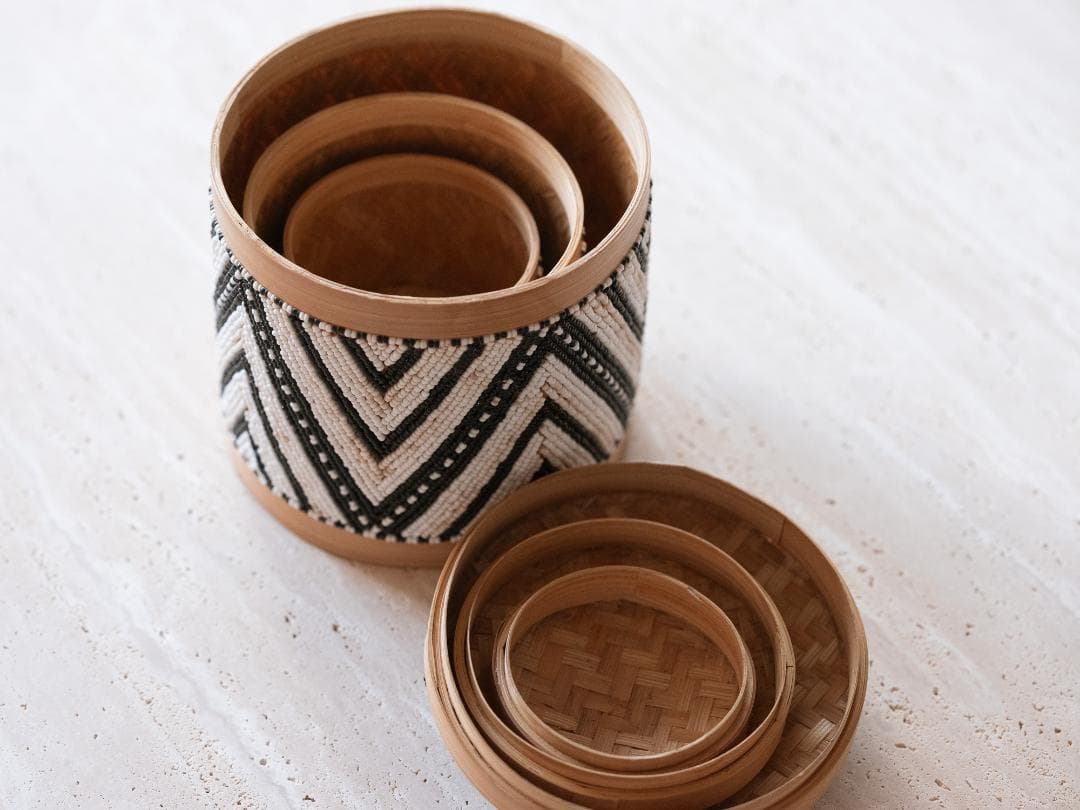 バリ島買付 雑貨 ビーズ装飾 蓋付き小物入れ 3個セット