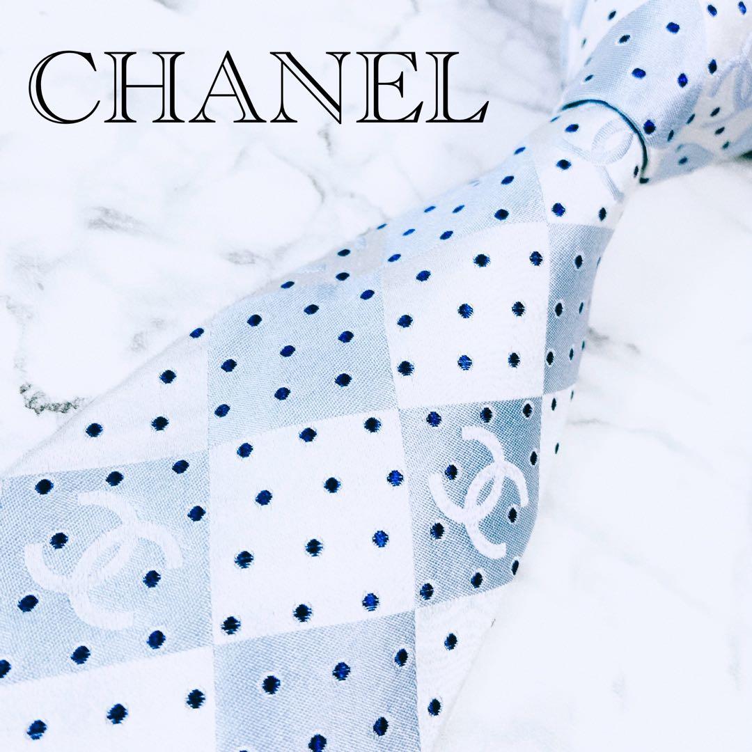 ✨未使用クラス✨CHANEL ココマーク　ドット　菱形　ブルーシルバー　ネクタイ